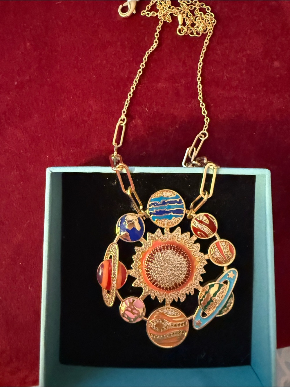 Gold-Tone Celestial Sun and Planets Necklace in Multicolor Enamel
